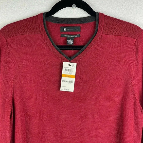 INC International Concepts Sweater Men's Sz S Pullover V-Neck Merino Wool Red - Picture 4 of 8